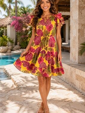 Farm Rio Pineapple Tropical Mini Dress Beaded Tassel Swiss Dot Pink Yellow L